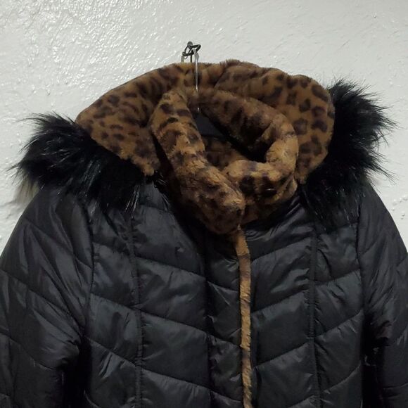 Reversible Dennis Basso Coat - Black Puffer & Faux Fur Leapord Print Size XXS - Picture 6 of 16